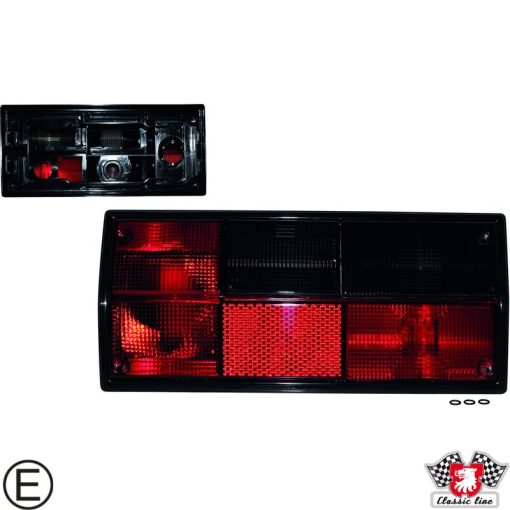 Hátsó lámpatest alaplap nélkül, jobb, piros/füstös, T25 05/79-08/92, tolató és ködlámpával, Hella típusú foglalathoz, E-jeles, Classic Line
