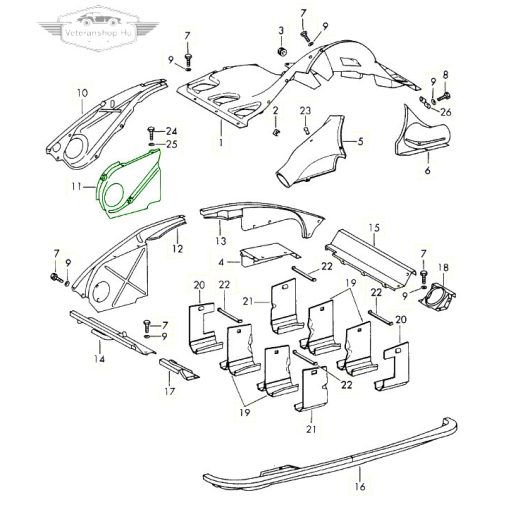 Motorburkolat, elsö, bal Porsche 911 (not Sportomatic) 2.0-2.7 08/68-06/77